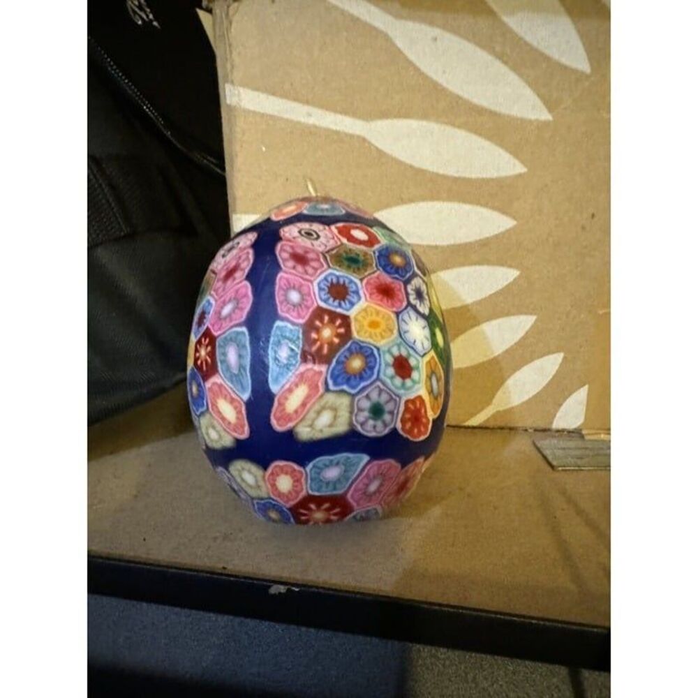 Vtg HANDMADE CANDLE Blue Millefiori by Stone Candles, CA USA‎ ~ Egg-Shape! 4"